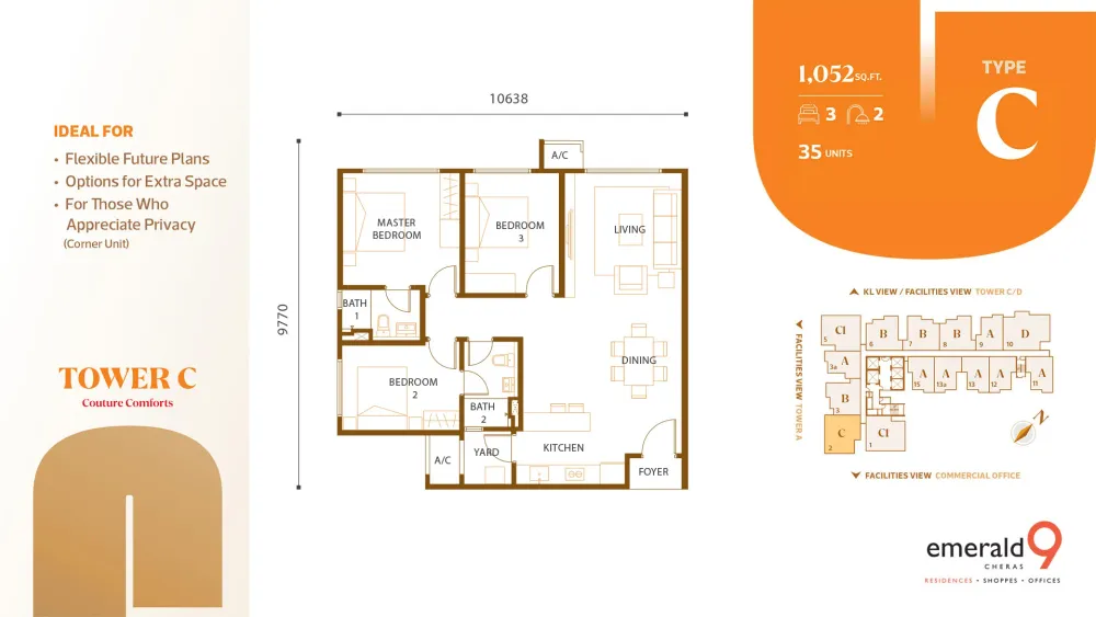 Tower C Type C detailed floor plan with room dimensions, 1,052 sq ft, 3 bedroom 2 bathroom